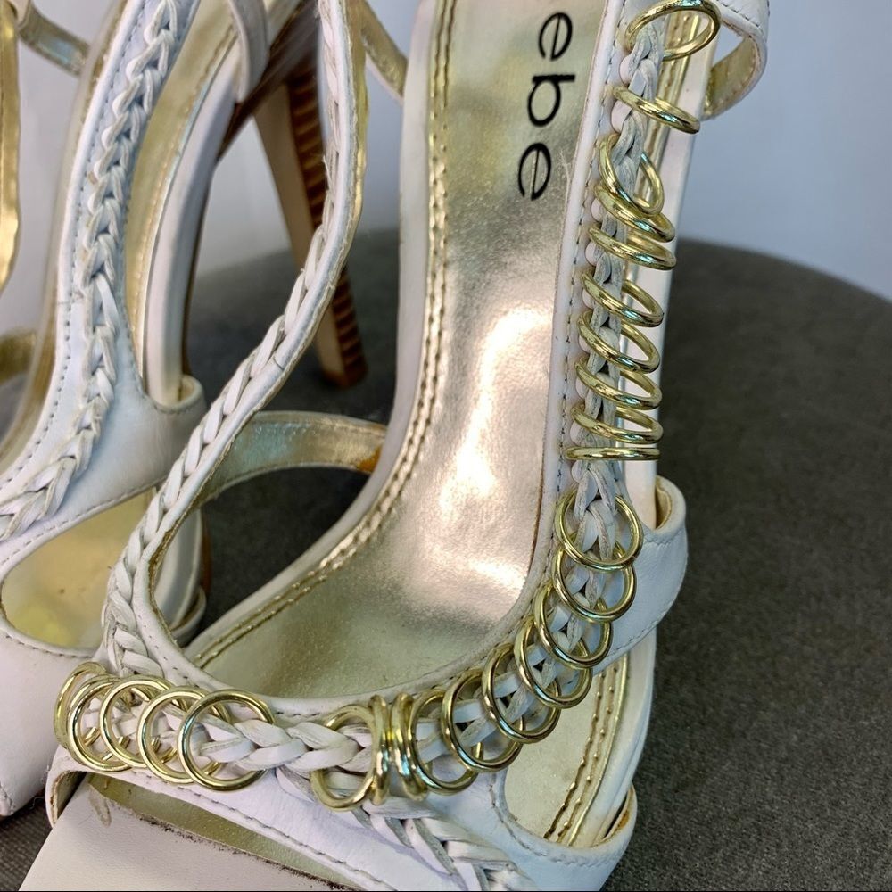 Bebe White strappy Leather with gold ring chain detail sandal high heels Sz 8.5 - Picture 4 of 7